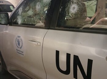 A vehicle of the World Food Programme shot at while approaching an Israeli checkpoint after escorting aid trucks in Gaza. Photo by WFP 