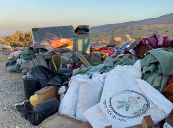 The belongings of people whose homes were demolished or confiscated in Humsa Al Bqai'a, after being dropped off away from the community. 7 July 2021