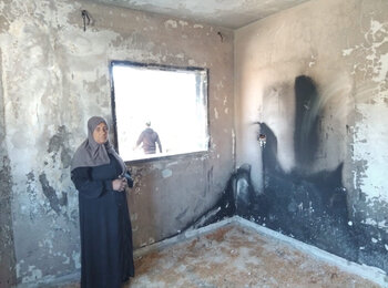 A house belonging to a 65-year-old Palestinian woman and her grandson was severely damaged due to an Israeli settler attack in Jalud village, Nablus. Photo: Partner