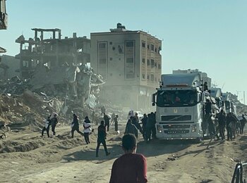 Amid a serious risk of starvation, desperation and scarcity have led to a near total breakdown in civil order. Palestinians taking supplies from the back of a truck in northern Gaza, 25 February 2024. Photo by OCHA
