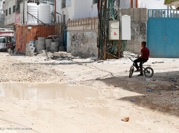 עקורות פלסטיניות במחסה מאולתר בעזה. צילום: אונר"א
