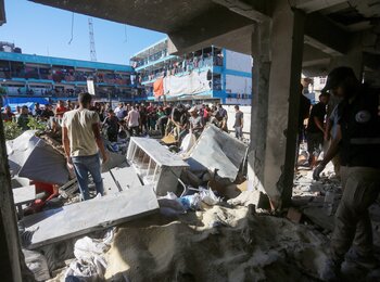 A damaged school used as a shelter for displaced families in central Gaza. Photo by UNRWA