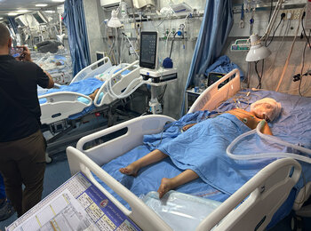 A child receives treatment at Kamal Adwan Hospital’s Intensive Care Unit in North Gaza. Photo by OCHA