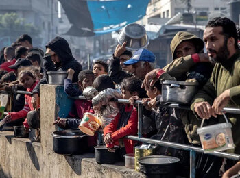 Displaced residents in Gaza wait in long lines for food aid amid severe shortages, as conflict and access restrictions push thousands to the brink of starvation. Photo: WHO