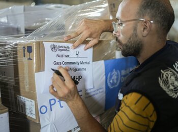 The delivery of psychotropic medications to people in Gaza, supported by the occupied Palestinian territory Humanitarian Fund. Photo by WHO