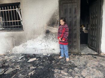 A 9-year-old girl who was displaced with her family from their home in Huwwara, Nablus, following an arson attack perpetrated by Israeli settlers. Photo: OCHA