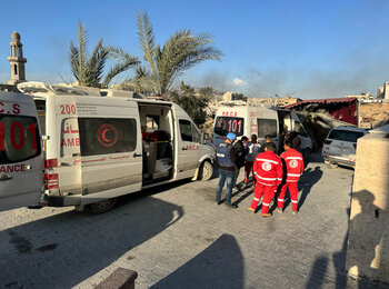 UN staff and local medical workers preparing to evacuate critically ill patients from the Indonesian Hospital of North Gaza, which is no longer functional. Photo by OCHA, 29 December 2024 