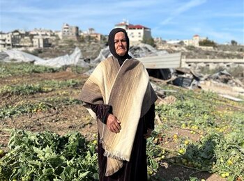 Khatima stands amidst the ruins of her greenhouse, destroyed by Israeli forces on 13 January, in Al Funduq village, east of Qalqiliya city.  Photo: OCHA