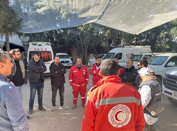 Partners preparing for medical evacuation of patients from the Indonesian Hospital in Jabalya on 29 December 2024. Photo: OCHA 