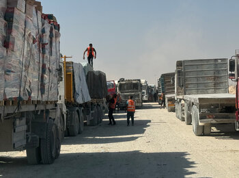Supplies being processed inside the Gaza Strip. Photo by OCHA, 9 July 2024 