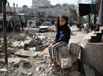 “I wish the war would end soon. I want to go back to my school. I miss my teachers and my friends,” Maha (11), Rafah. Over 625,000 students remain with no access to education or safety. Most schools in Gaza are damaged, destroyed or used to accommodate displaced people. Photo by UNICEF/Eyad El Baba, 8 January 2024 