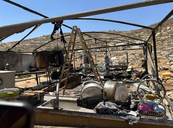 Israeli settlers torched residential tents in Al Mughayyir village in Ramallah governorate, displacing two Palestinian families. Photo: OCHA