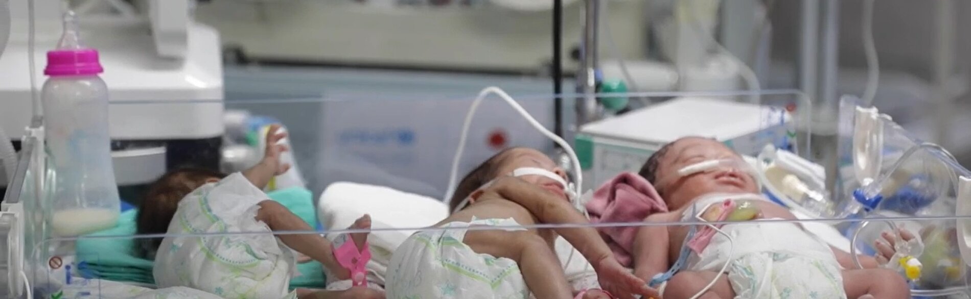 Premature babies at Shifa hospital in Gaza. On 11 November, two babies died when their life support stopped working and 37 babies in incubators are said to be at imminent risk of death. Screenshot from a video by UNICEF, 16 October 2023