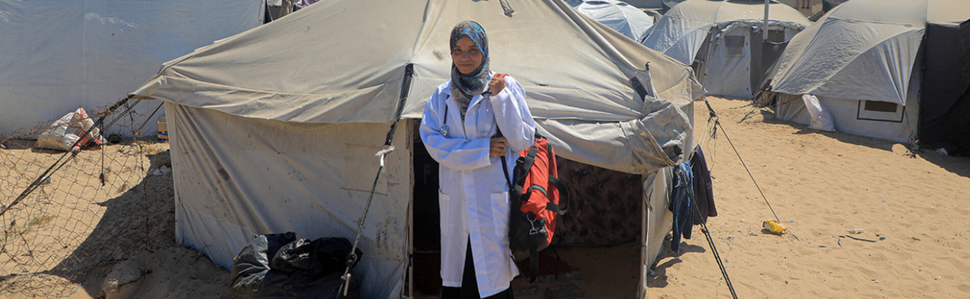 Nurse Jenin provides free services for pregnant women and for children, from a tent she set up Al Mawasi area of in Khan Younis. Photo by UNFPA Palestine / Media Clinic