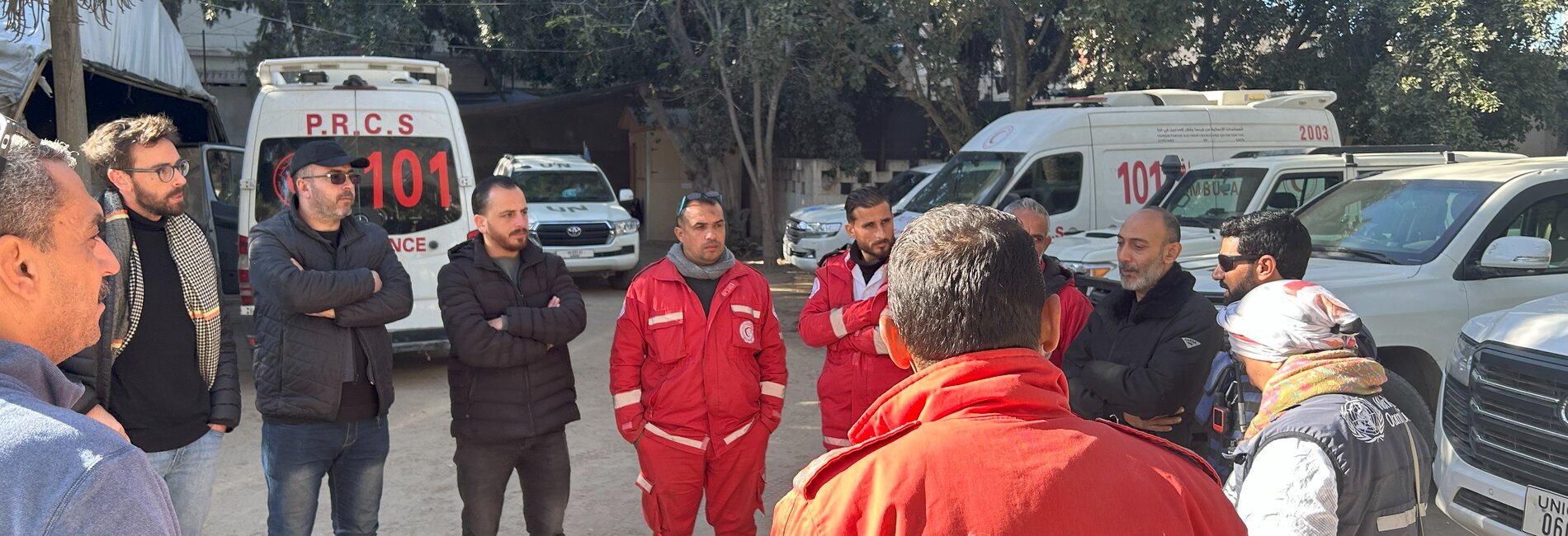 Partners preparing for medical evacuation of patients from the Indonesian Hospital in Jabalya on 29 December 2024. Photo: OCHA 