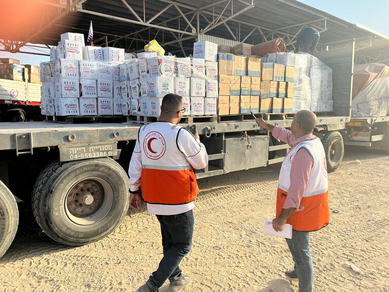 Humanitarian supplies received in southern Gaza, 23 October 2023. Photo by the Palestine Red Crescent Society